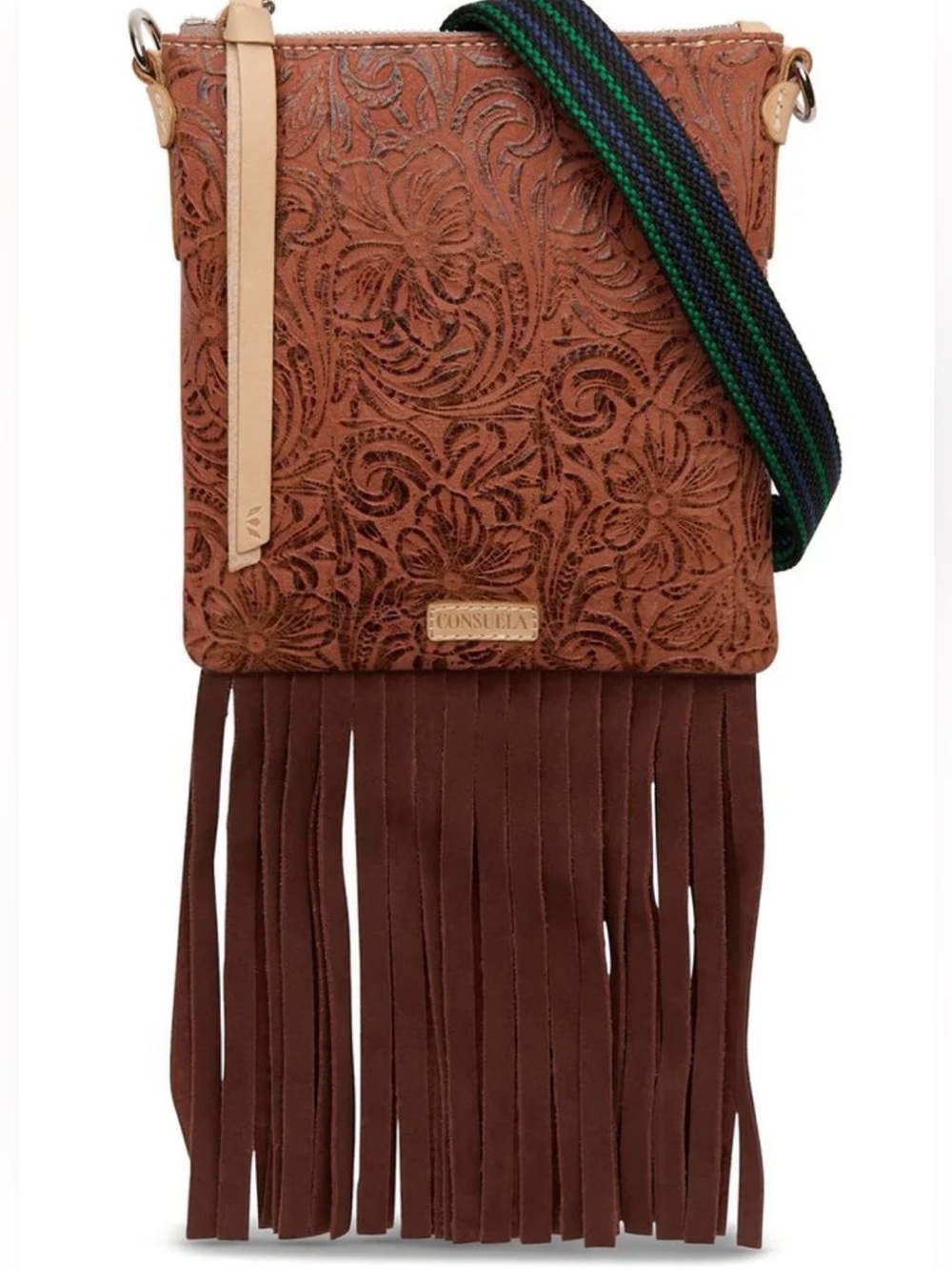 Consuela Sally Mini Explorer Brown Tooled Leather Fringe Crossbody Bag